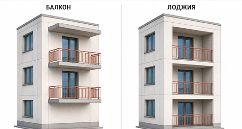 сравнение балкона, выступающего за фасад, и лоджии в пределах здания